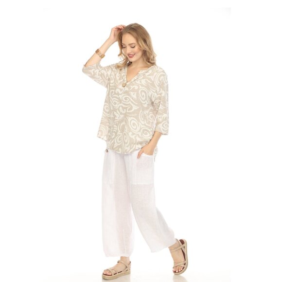 Taupe Spiral Print V-Neck Button Detail Top - Picture 8 of 8